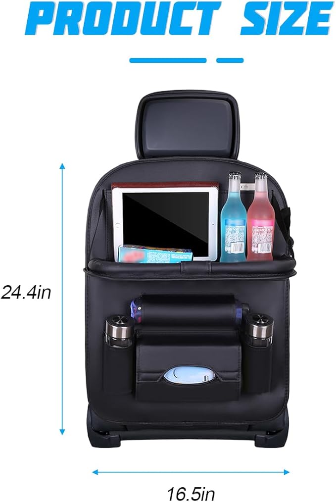 Car Seat Back Organizer, Leather Vehicle Seatback Storage Pocket with Foldable Table Tray, Multifunctional Automotive Backseat Protectors Kick Mats Accessories, Universal Fit (Black)