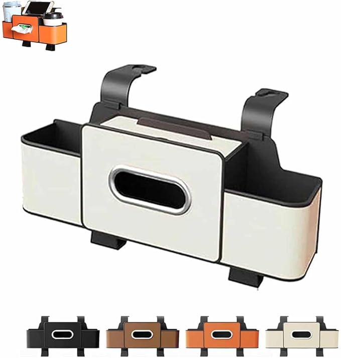 Car Organizers and Storage Box Multifunctional, Car Seat Back Organizer, 4 In 1 Universal Car Storage Box With Hanging Tissue Holder, Cup Holders & Hooks for Purses to Travel Accessories (White)