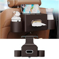 Seat Back Organizer, Full Leather Cover Tissue Case Headrest Storage Box with 2 Cup Holders and Hook Multi-functional Durable Back Seat Storage Tool for Family Travel and Kids Care Brown