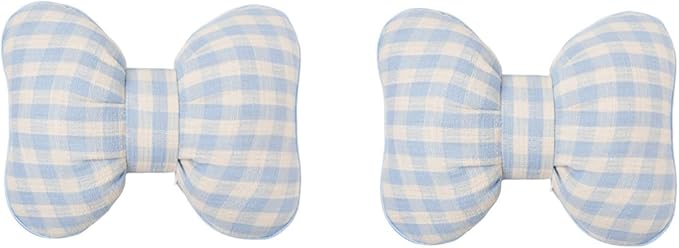 Car Accessories Plaid Bow Headrest Lumbar Pillow 4PCs Set Cotton Linen Elegant Soft Car Seat Cushions for Daily Commuting Trave (Blue Plaid,Headrest 2pcs)