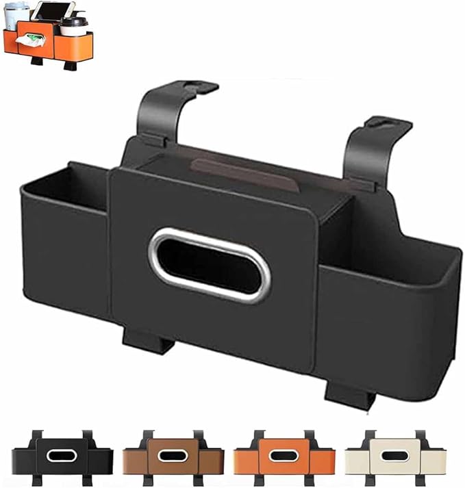 Car Organizers and Storage Box Multifunctional, Car Seat Back Organizer, 4 In 1 Universal Car Storage Box With Hanging Tissue Holder, Cup Holders & Hooks for Purses to Travel Accessories (Black)