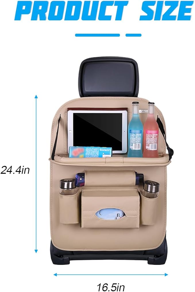 Car Seat Back Organizer, Leather Vehicle Seatback Storage Pocket with Foldable Table Tray, Multifunctional Automotive Backseat Protectors Kick Mats Accessories, Universal Fit (Beige)