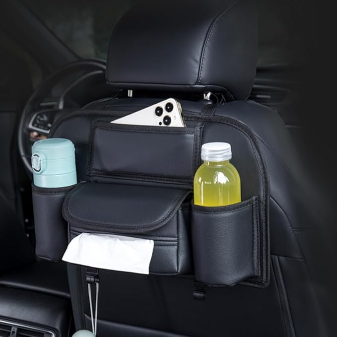 Generic Car Back Seat Organizer Hanging Car Storage Bag Automotive Seat Back Organizers Leather Car Storage Pocket with Tissue Holder