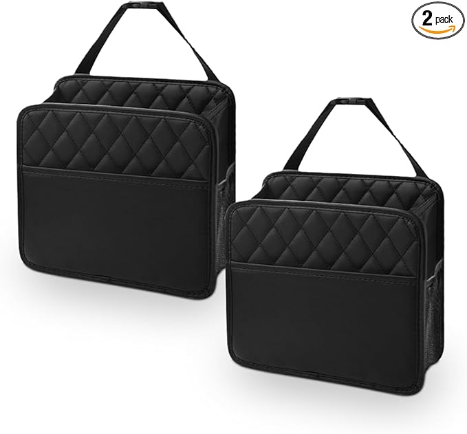 Foldable Car Seat Back Organizer, Large Capacity Hanging Car Backseat Storage Bag with Cup Holders, PU Leather Waterproof Car Trash Bag Can, Car Travel Accessories for Most Vehicles (2)