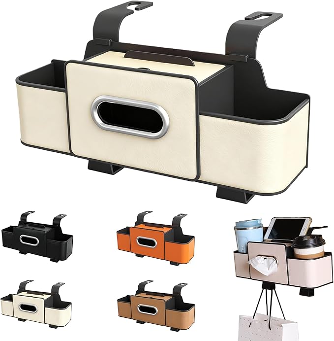 Geshus Backseat Organizers Hanging Storage, Car Seat Back Organizer With Tissue Holder, For Hold Phone,Drinks,Handbag,Compatible With Most Vehicles (Beige)