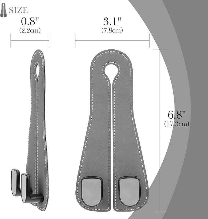 Adorila Car Seat Headrest Hooks - Vegan Leather Double Hook Purse & Phone Holder, Seat Back Organizer for Bags, Clothing & Handbags (Grey, 2-Pack)