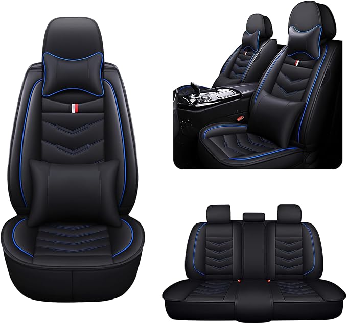MVRVMV Luxury Car Seat Covers for Ford Explorer 2012-2026, Nappa Leather Auto Seat Cover with 2 Neck Pillows and 2 Lumbar Supports (5 Seat Luxury, Black-Blue)