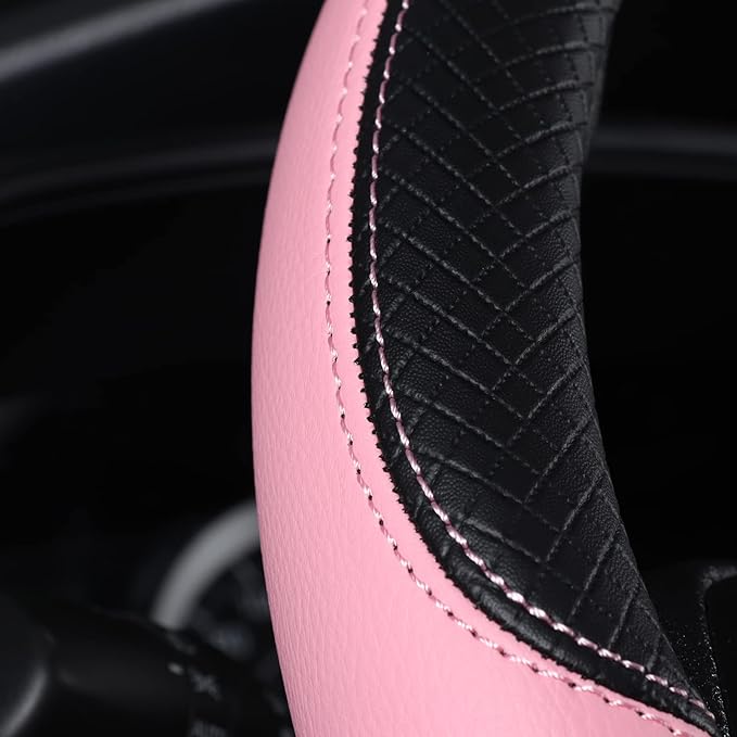 Auto Car Leather Steering Wheel Cover Anti Slip Wrap 15" (Pink)