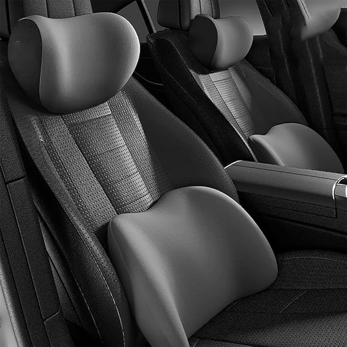 Car Seat Headrest Lumbar Support Kit for Tesla Model Y 2021 2022 2023, Ergonomic Memory Foam Head Neck Pillow Back Cushion Drivers Travel Anti Fatigue,C/Grey