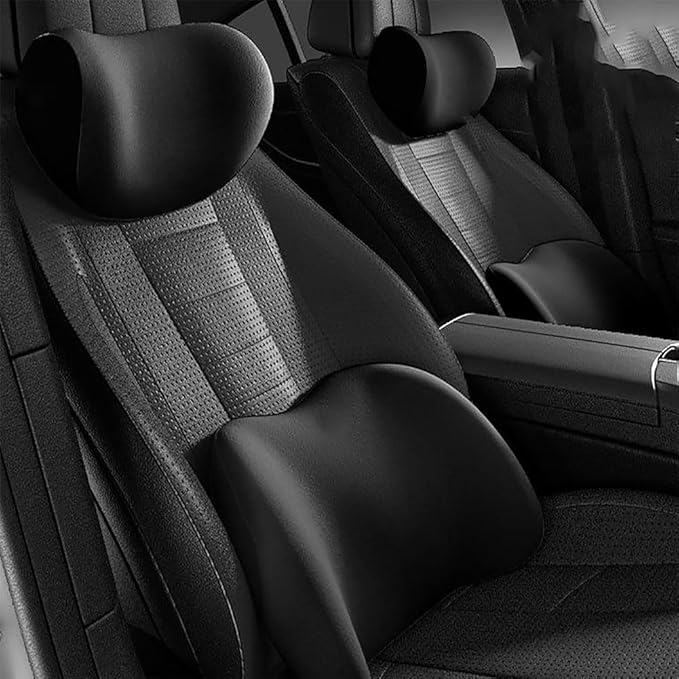 Car Seat Headrest Lumbar Support Kit for Tesla Model Y 2021 2022 2023, Ergonomic Memory Foam Head Neck Pillow Back Cushion Drivers Travel Anti Fatigue,A/Black