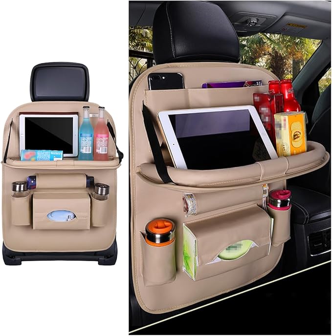 Car Seat Back Organizer, Leather Vehicle Seatback Storage Pocket with Foldable Table Tray, Multifunctional Automotive Backseat Protectors Kick Mats Accessories, Universal Fit (Beige)