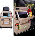 Car Seat Back Organizer, Leather Vehicle Seatback Storage Pocket with Foldable Table Tray, Multifunctional Automotive Backseat Protectors Kick Mats Accessories, Universal Fit (Beige)