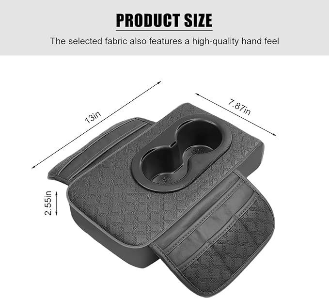 BESULEN Car Center Console Cover, Leather Thick Vehicle Armrest Protector Cushion with Cup Holder & 2 Storage Bags, Automotive Interior Arm Rest Seat Box Pad Accessories, Universal Fit (Gray)