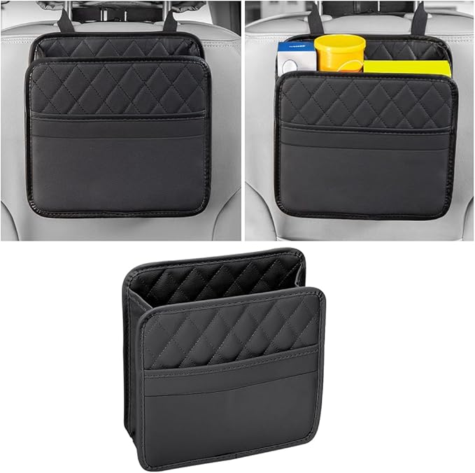Mandark Car Seat Back Organizer, PU Leather Vehicle Backseat Hanging Storage Pocket, Multipurpose Auto Travel Essentials Accessories for Kids & Adults, Universal for Most Cars (Black)