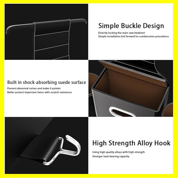 Seat Back Organizer, Full Leather Cover Tissue Case Headrest Storage Box with 2 Cup Holders and Hook Multi-functional Durable Back Seat Storage Tool for Family Travel and Kids Care Beige