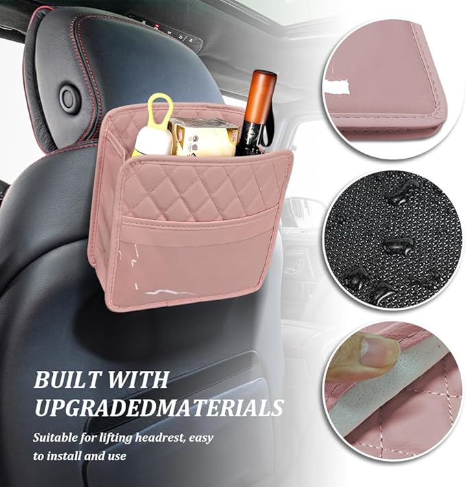 Car Seat Back Organizer, Car Organizers and Storage, PU Leather Vehicle Backseat Hanging Storage Pocket, Multipurpose Auto Travel Essentials Accessories for Kids & Adults, Universal for Cars (Pink)