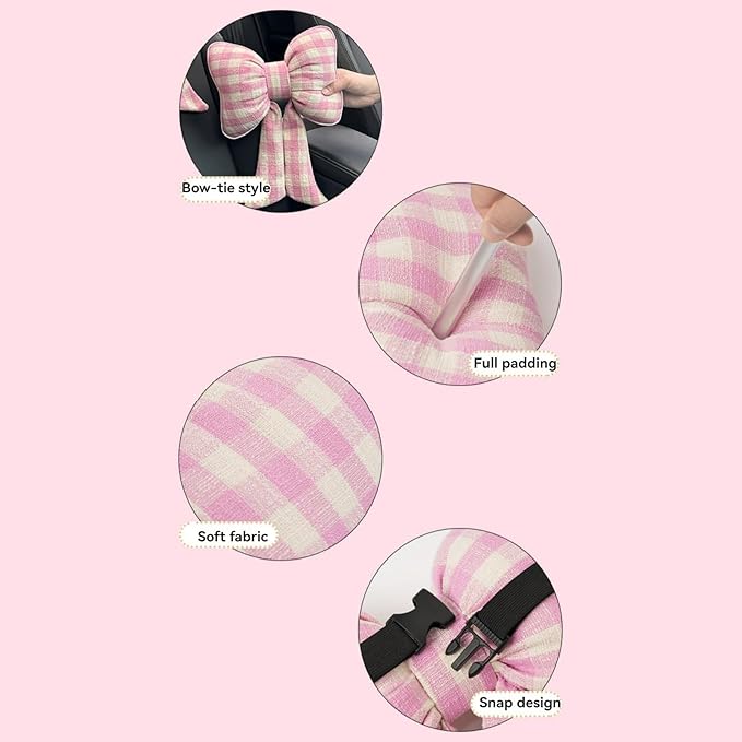 Car Accessories Plaid Bow Headrest Lumbar Pillow 4PCs Set Cotton Linen Elegant Soft Car Seat Cushions for Daily Commuting Trave (Blue Plaid,Lumbar Pillow 2pcs)