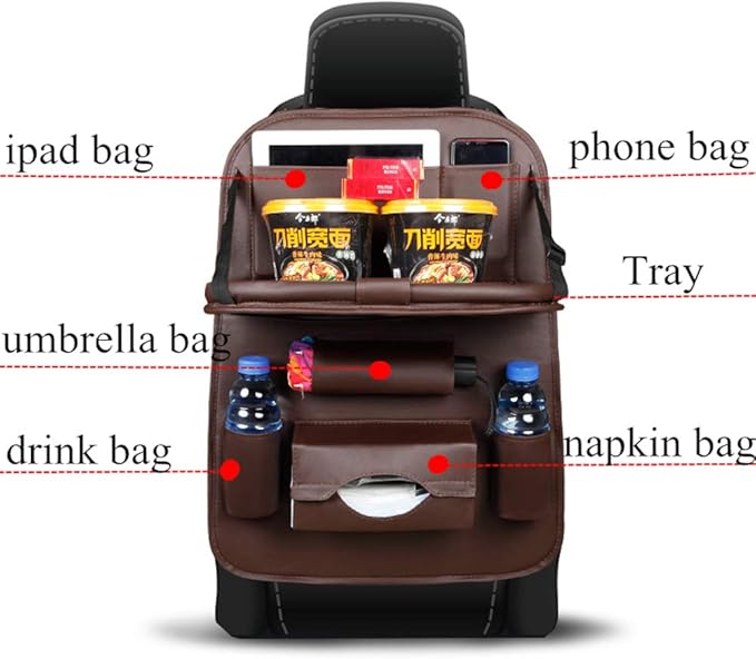 Car Seat Back Organizer PU Leather Storage Bag Universal Auto Multi-pocket Backseat Organizer with Foldable Table Tray