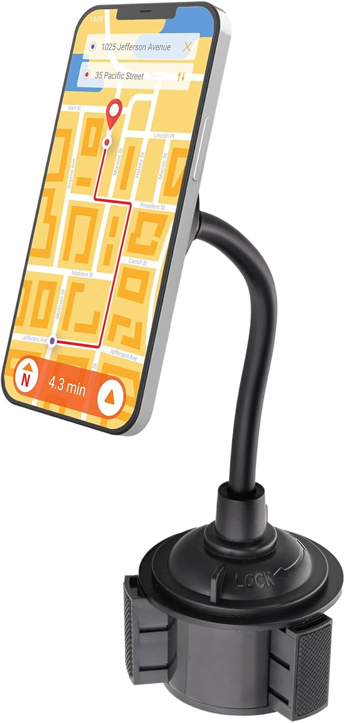 Armor All Magnetic Phone Mount for Car, Cupholder Phone Holder for MagSafe Phones, iPhones, Adjustable Gooseneck Design, Includes Universal Magnet Ring for Samsung, Non-Magnetic Phones, & Cases