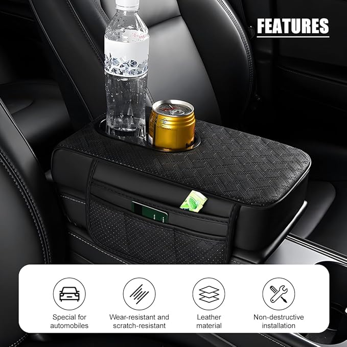 BESULEN Car Center Console Cover, Leather Thick Vehicle Armrest Protector Cushion with Cup Holder & 2 Storage Bags, Automotive Interior Arm Rest Seat Box Pad Accessories, Universal Fit (Black)
