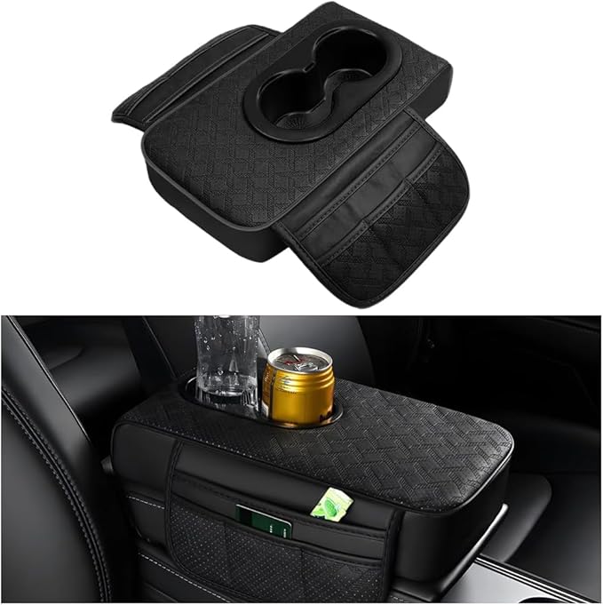 BESULEN Car Center Console Cover, Leather Thick Vehicle Armrest Protector Cushion with Cup Holder & 2 Storage Bags, Automotive Interior Arm Rest Seat Box Pad Accessories, Universal Fit (Black)