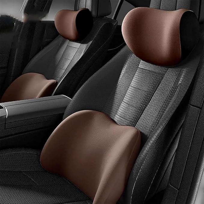 Car Seat Headrest Lumbar Support Kit for Tesla Model Y 2021 2022 2023, Ergonomic Memory Foam Head Neck Pillow Back Cushion Drivers Travel Anti Fatigue,B/Coffee Color