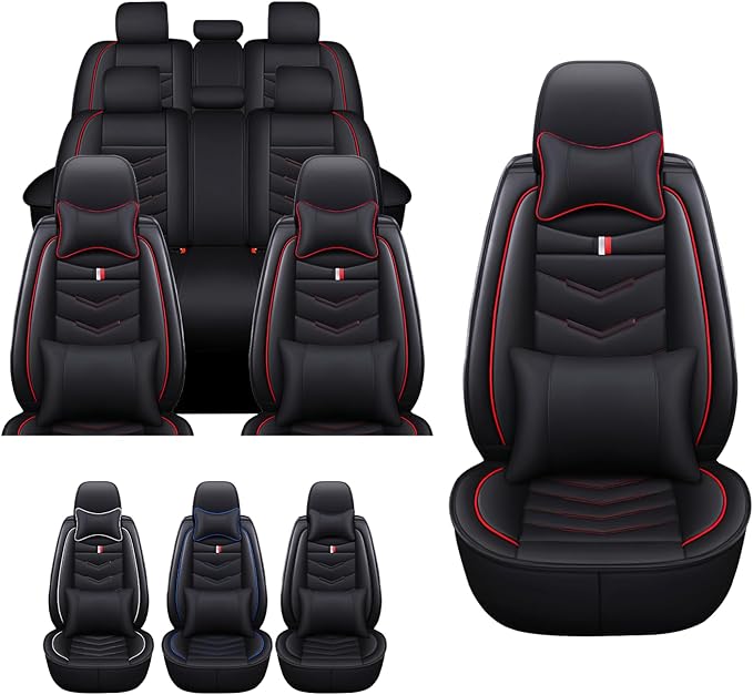 MVRVMV Luxury Car Seat Covers for Honda Pilot 2010-2026, Wear-Resistant Front and Rear Seat Cover with 2* Neck Pillow and 2* Lumbar Support (8 Seat Luxury, Black-Red
