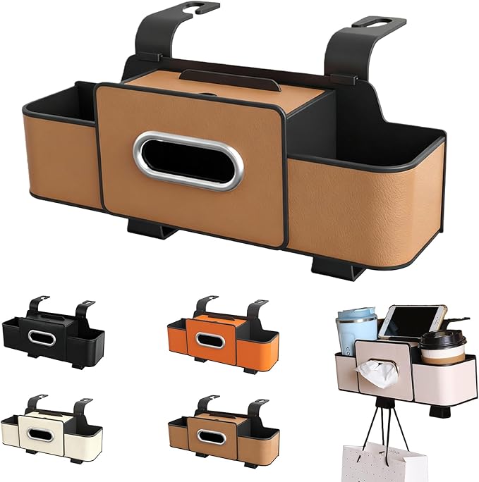 Geshus Backseat Organizers Hanging Storage, Car Seat Back Organizer With Tissue Holder, For Hold Phone,Drinks,Handbag,Compatible With Most Vehicles (Brown)