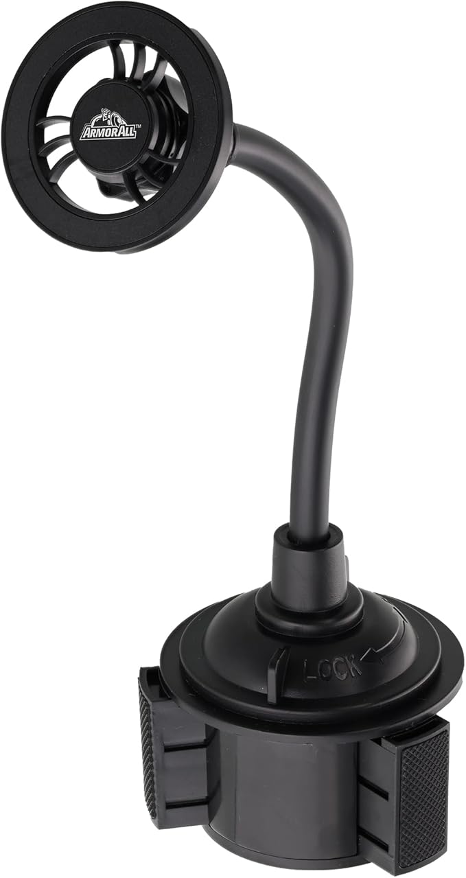 Armor All Magnetic Phone Mount for Car, Cupholder Phone Holder for MagSafe Phones, iPhones, Adjustable Gooseneck Design, Includes Universal Magnet Ring for Samsung, Non-Magnetic Phones, & Cases