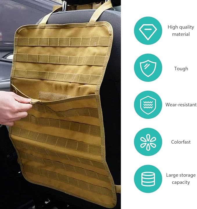 Car Seat Back Organizer, Tactical MOLLE Sag Proof Vehicle Panel Backseat Cover Protector, Universal Molle Nylon Storage Bag Seat Back Hanger Pad for Car Truck SUV Pickup (Khaki)