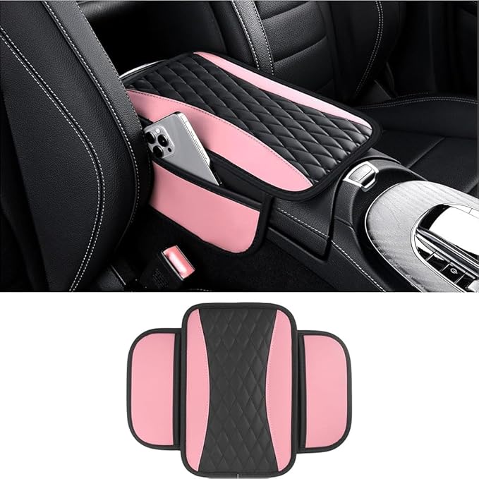 Car Center Console Cover for Jeep Wrangler 1986–2025 2026 YJ/TJ/JK/JL,Leather Armrest Pad with Side Storage Pockets,Waterproof Console Lid Protector,Auto Interior Accessories,Pink