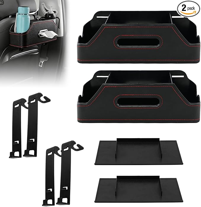 Sporacingrts 2 Pack Black Car Seat Back Organizer with Cup Holders, Tissue Box, Hooks, Phone Slot, PU Leather Storage Box for Backseat, Universal Fit for Cars SUVs Trucks