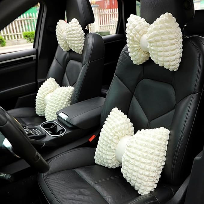 4 Pack Bow Shaped Car Headrest Pillow and Lumbar Support Pillow Cute Butterfly Knot Throw Pillow for Car Driving Seat Decor