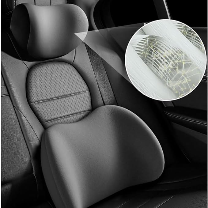 Car Seat Headrest Lumbar Support Kit for Tesla Model Y 2021 2022 2023, Ergonomic Memory Foam Head Neck Pillow Back Cushion Drivers Travel Anti Fatigue,A/Black
