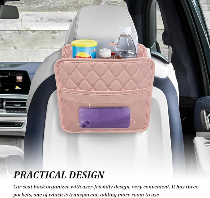 Car Seat Back Organizer, Car Organizers and Storage, PU Leather Vehicle Backseat Hanging Storage Pocket, Multipurpose Auto Travel Essentials Accessories for Kids & Adults, Universal for Cars (Pink)
