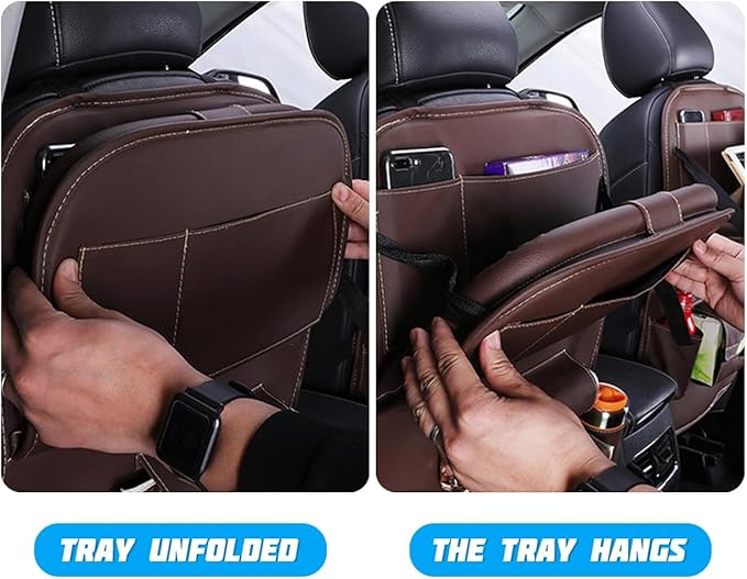 Car Seat Back Organizer, Leather Vehicle Seatback Storage Pocket with Foldable Table Tray, Multifunctional Automotive Backseat Protectors Kick Mats Accessories, Universal Fit (Wine Red)