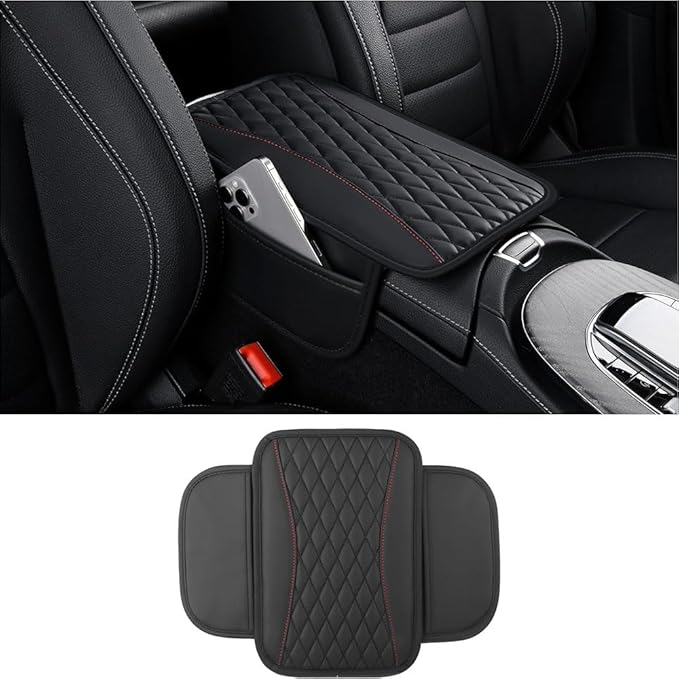 Car Center Console Cover for Jeep Wrangler 1986–2025 2026 YJ/TJ/JK/JL,Leather Armrest Pad with Side Storage Pockets,Waterproof Console Lid Protector,Auto Interior Accessories,Black
