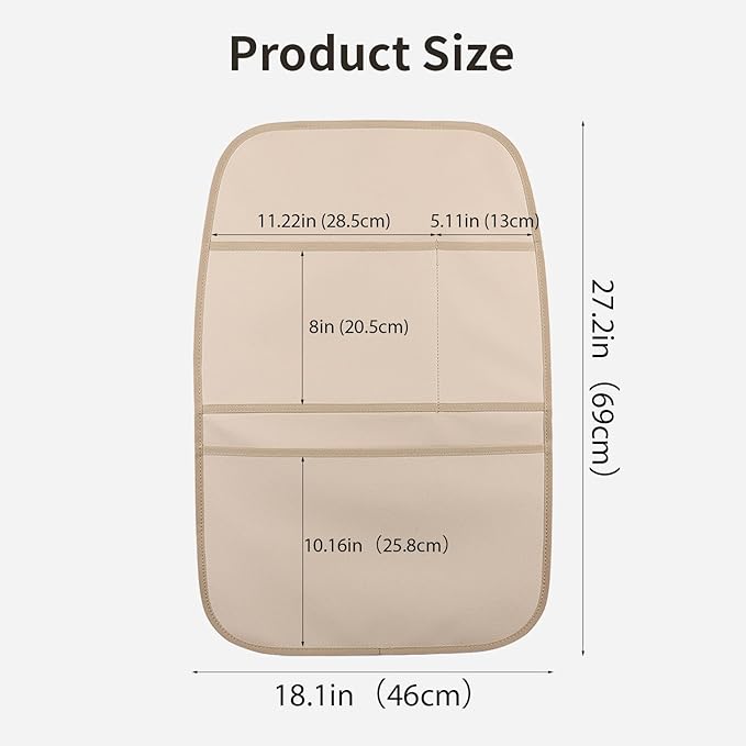 pefirst Kick Mat Back Seat Protector Waterproof Leather Car Seat Back Organizers Cover with 3 Storage Pockets for Kids Pets SUV Sedan Minivan Truck Car Travel Accessories (Beige 2-Pack)