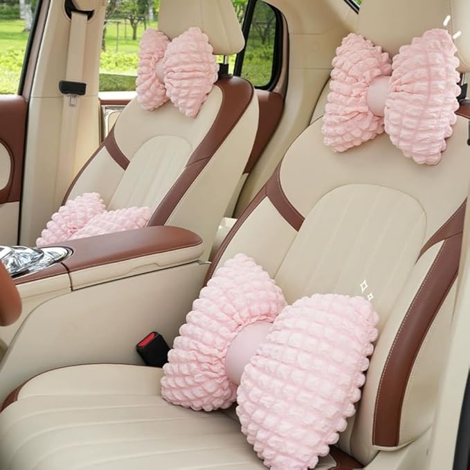 4 Pack Bow Shaped Car Headrest Pillow and Lumbar Support Pillow Cute Butterfly Knot Throw Pillow for Car Driving Seat Decor
