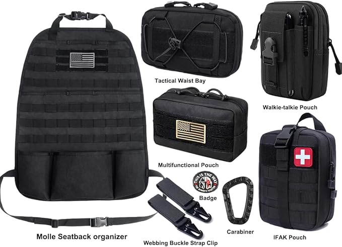 VVIITOP Molle Seat Back Organizer, Tactical Car Seat Cover Organizer Panel with Pouches, Molle Universal Vehicle Panel (Black)