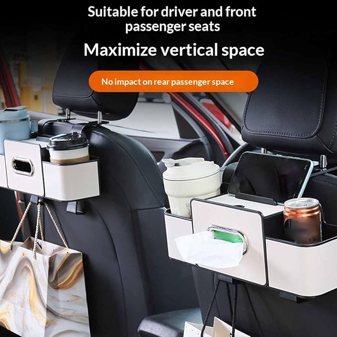 Car Organizers and Storage Box Multifunctional, Car Seat Back Organizer, 4 In 1 Universal Car Storage Box With Hanging Tissue Holder, Cup Holders & Hooks for Purses to Travel Accessories (White)