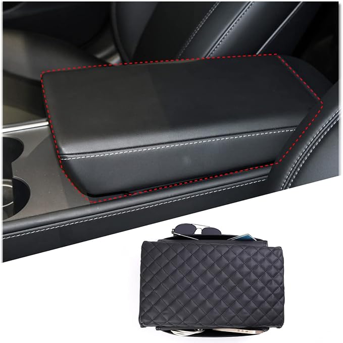 Leather Center Console Lid Cover,Seat Armrest Pad，Armrest Arm Rest Cushion,Center Console Armrest Cover for Tesla Model 3/Y (with Side Pockets)