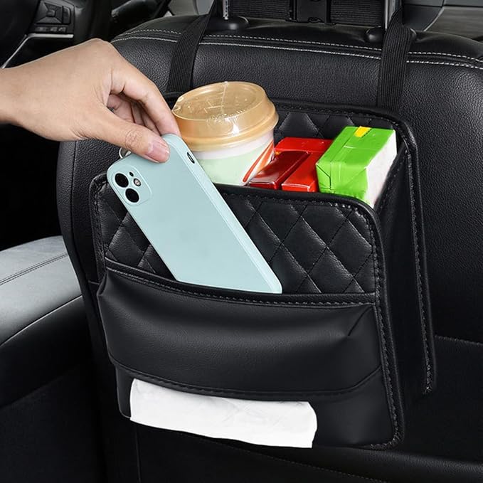 Car Seat Back Organizer, Waterproof Multifunctional Leather Vehicle Hanging Bag, Large Capacity Automotive Interior Storage Organizer Accessories, Universal for SUV RV Truck (L)