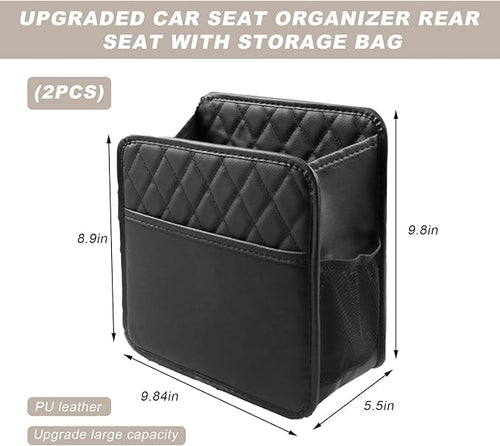 2 PCS Car Seat Back Organizer, Large Capacity Foldable Car Seat Back Hanging Bag with 3 Extra Pockets, Waterproof Leather Auto Seats Storage Organizer, Car Travel Essentials Accessories (Black)