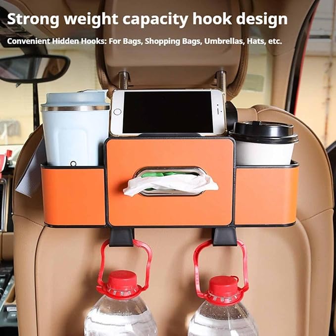Car Organizers and Storage Box Multifunctional, Car Seat Back Organizer, 4 In 1 Universal Car Storage Box With Hanging Tissue Holder, Cup Holders & Hooks for Purses to Travel Accessories (Orange)