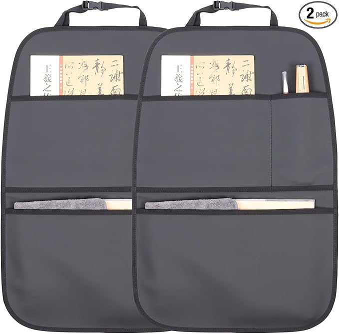 pefirst Kick Mat Back Seat Protector Waterproof Leather Car Seat Back Organizers Cover with 3 Storage Pockets for Kids Pets SUV Sedan Minivan Truck Car Travel Accessories (Black 2-Pack)