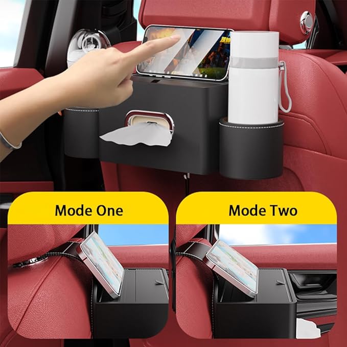 Seat Back Organizer, Full Leather Cover Tissue Case Headrest Storage Box with 2 Cup Holders and Hook Multi-functional Durable Back Seat Storage Tool for Family Travel and Kids Care Brown