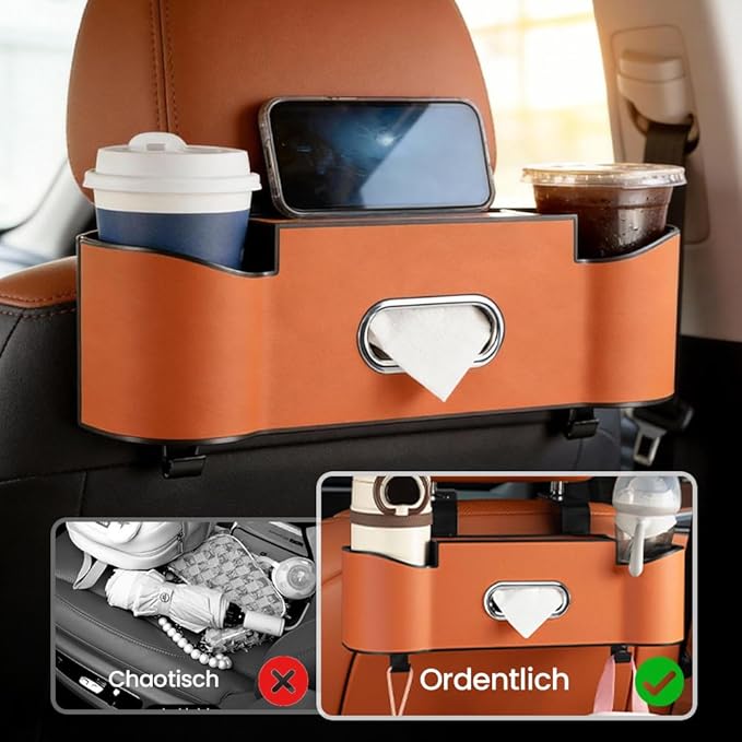 Back Seat Car Organizer with Cup Holder, 2026 New Backseat Car Organizer Back Seat, Multifunctional Car Seat Back Organizer Storage Box with Hooks & Tissue Box, for Drinks, Phone & Handbags (White)