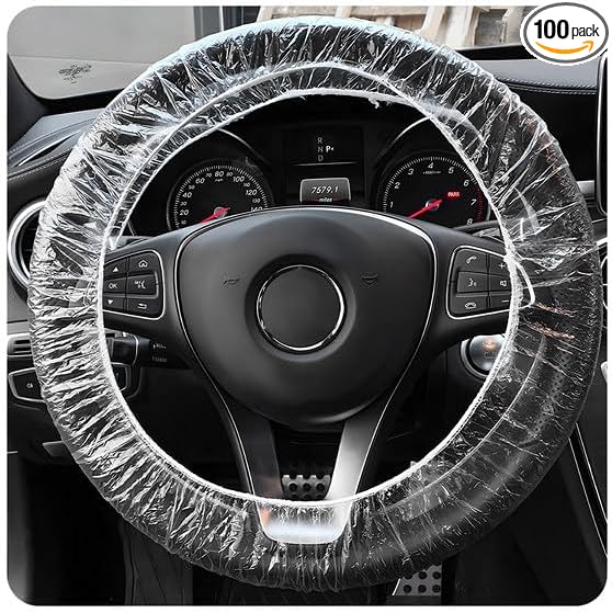 100PCS Universal Disposable Steering Wheel Cover, Plastic Transparent Car Steering Wheel Protector with Elastic Trims, Steering Wheel Covers for Automotive Service Body Shops
