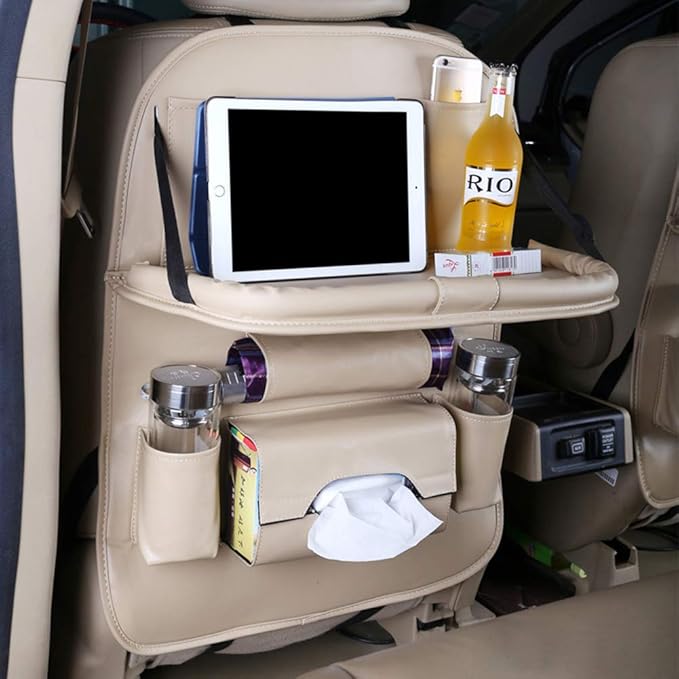 Car Seat Back Organizer PU Leather Storage Bag Universal Auto Multi-pocket Backseat Organizer with Foldable Table Tray